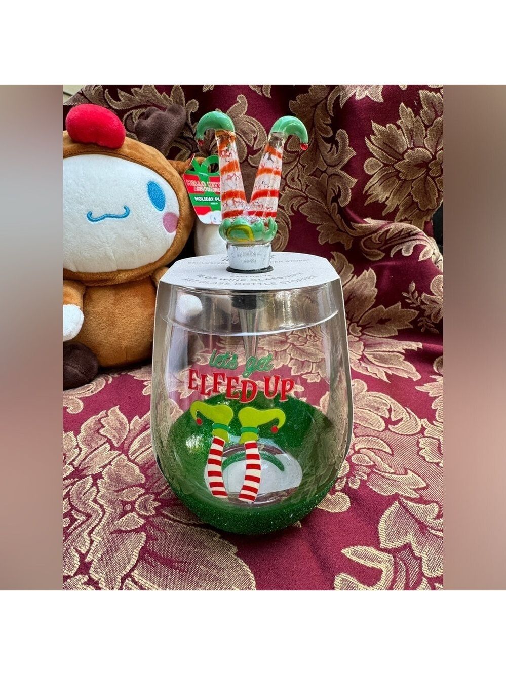 Merry Makers 16 oz. Wine Glass w/Art Glass Bottle Stopper "Lets Get Elfed Up"